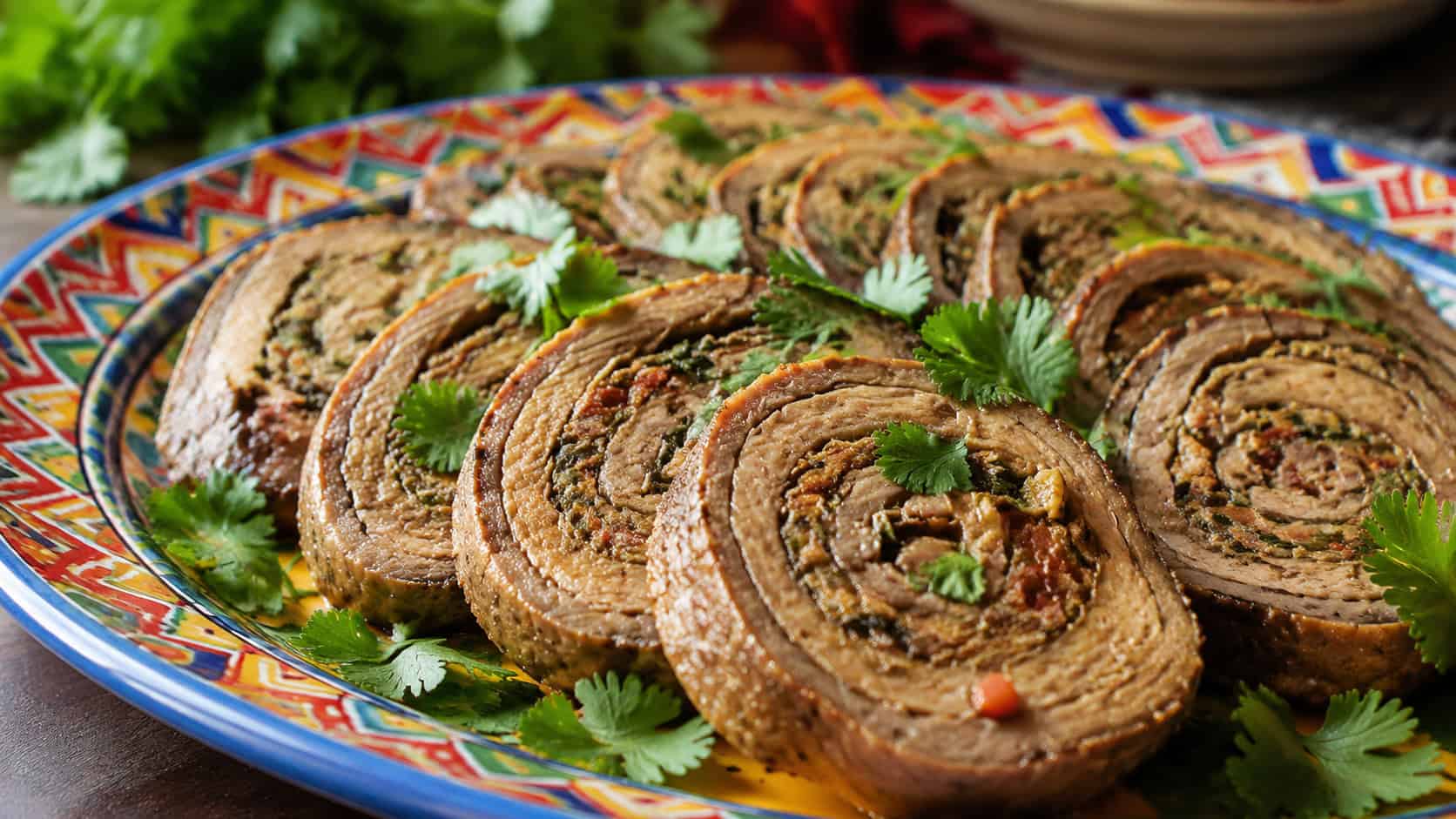 southwestern beef pinwheel rounds in a wide horizontal shot, sliced and fanned on a colorful platter with cilantro, natural light, shallow depth of field, landscape orientation
