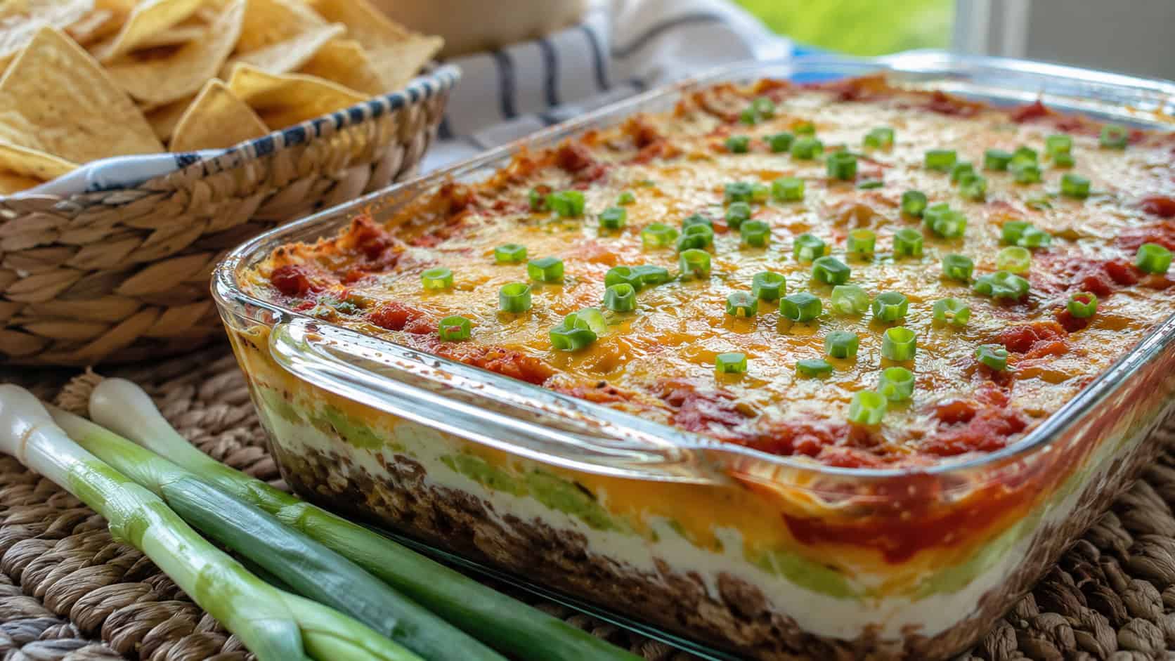 a bubbly layered beef and bean dip in a wide horizontal shot, in a baking dish with green onions and a basket of tortilla chips alongside, natural light, shallow depth of field, landscape orientation