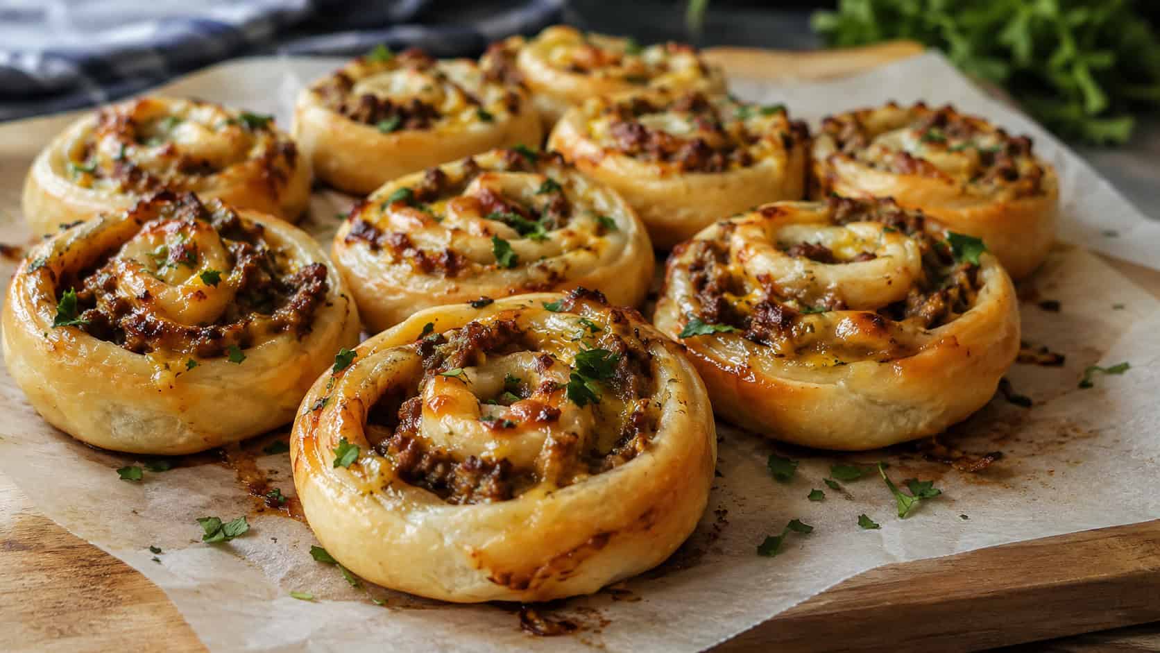 golden garlic beef pinwheels in a wide horizontal shot, swirls of dough and cheese on a parchment-lined board with parsley, natural light, shallow depth of field, landscape orientation