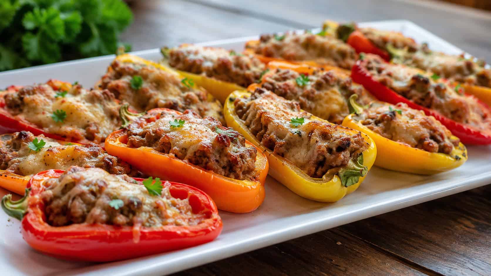 colorful Parmesan beef-stuffed mini peppers in a wide horizontal shot, red yellow and orange peppers with melted cheese on a white platter, natural light, shallow depth of field, landscape orientation