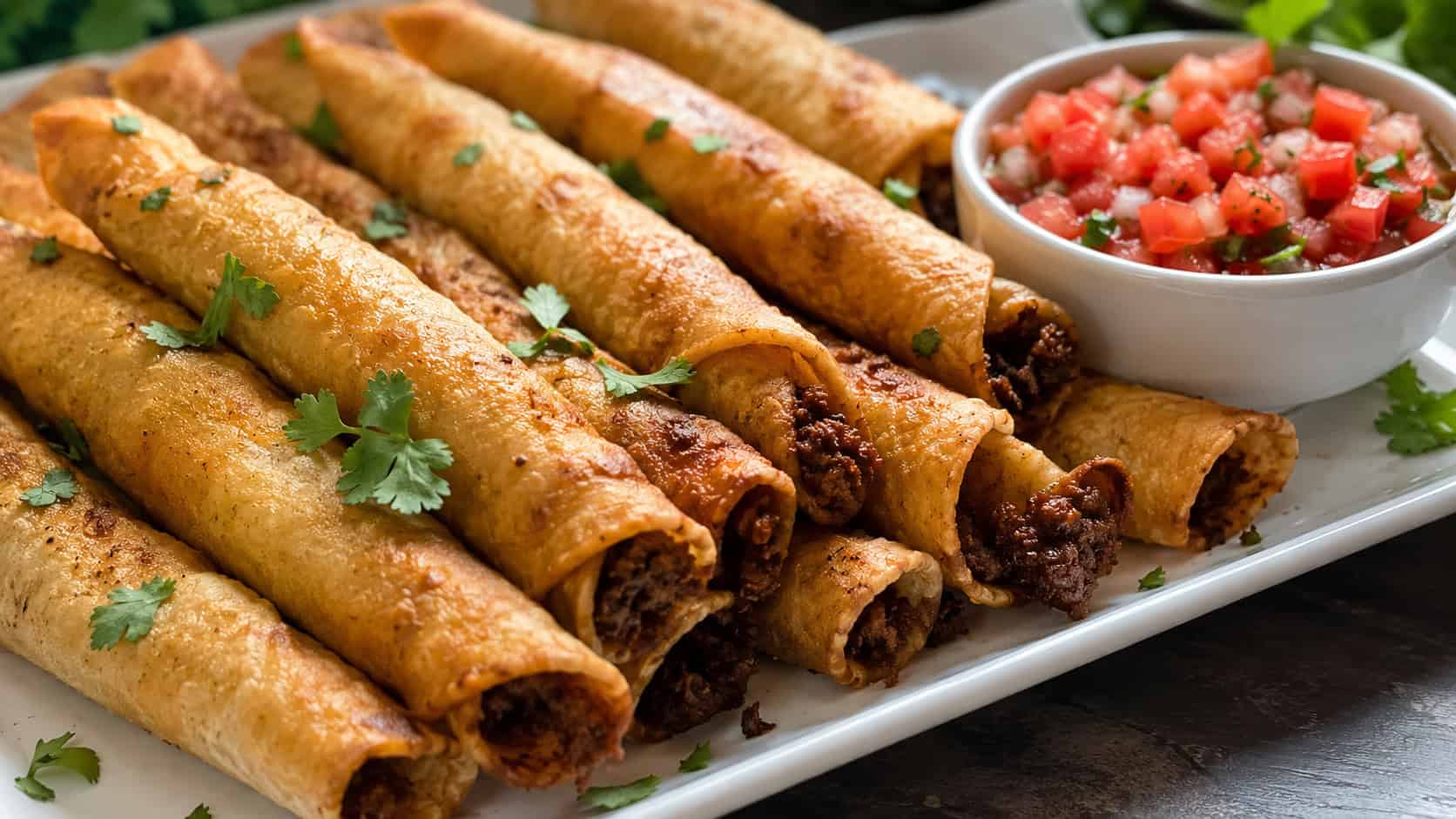 crispy beef taquitos in a wide horizontal shot, rows of golden rolled tortillas on a platter with a bowl of fresh salsa, natural light, shallow depth of field, landscape orientation