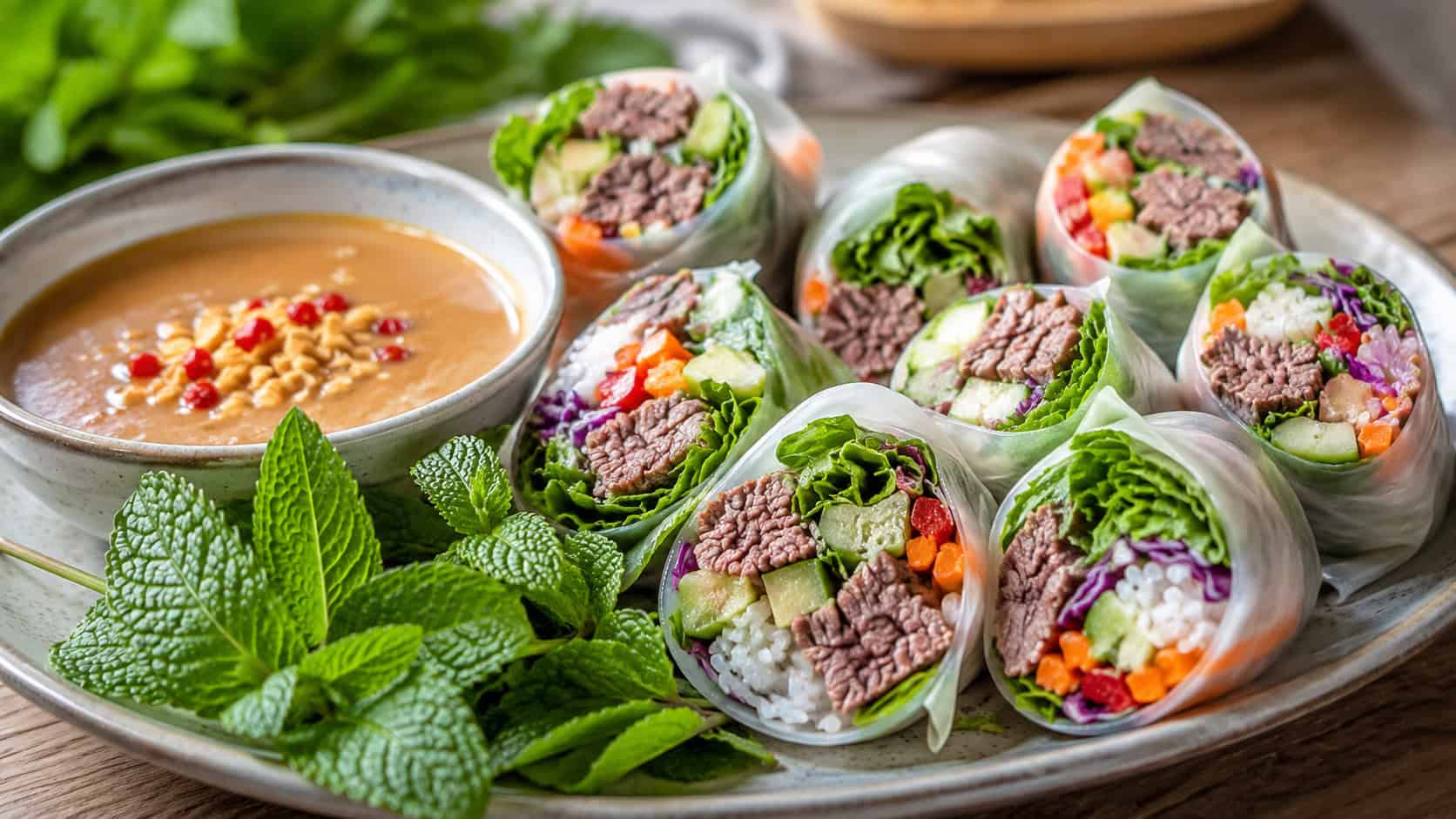 fresh Thai beef spring rolls in a wide horizontal shot, halved to show colorful filling, arranged on a platter with a bowl of peanut sauce and mint, natural light, shallow depth of field, landscape orientation
