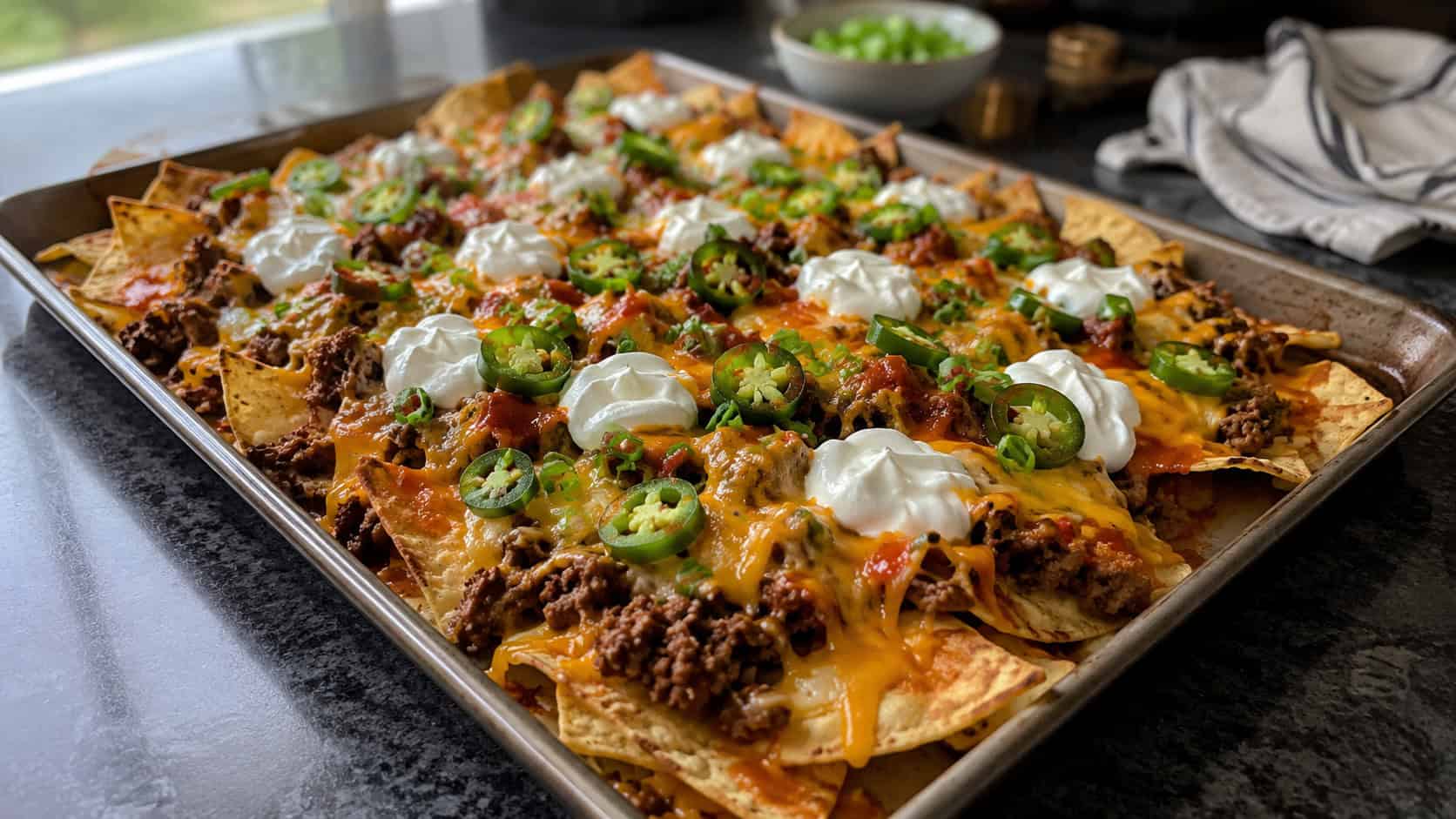 a loaded sheet pan of spicy beef nachos in a wide horizontal shot, glossy melted cheese, sliced jalapenos and green onions, sour cream dollops, on a dark countertop, natural light, shallow depth of field, landscape orientation