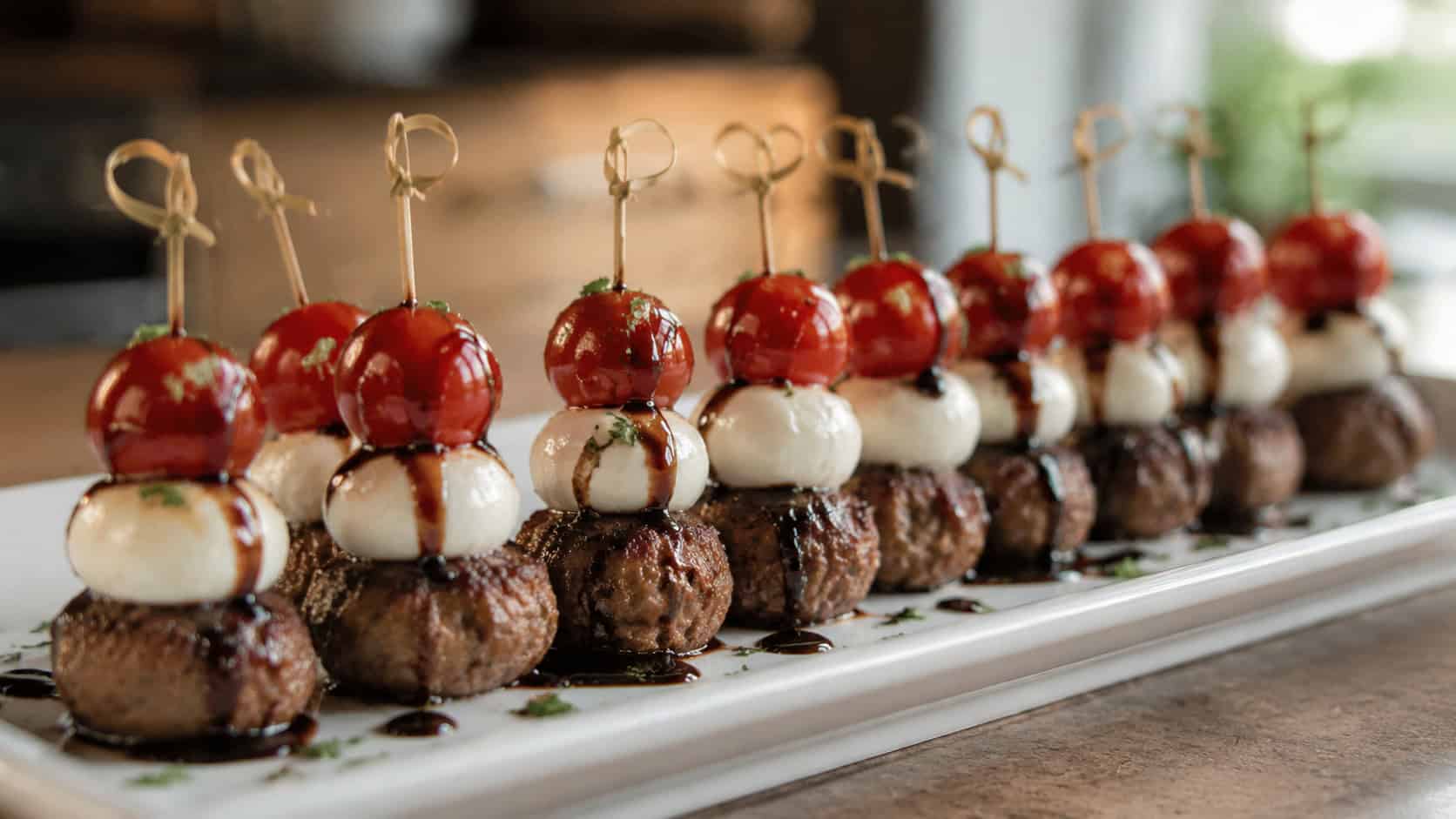 mini meatball skewers with cherry tomatoes and mozzarella in a wide horizontal shot, lined up on a white serving platter with a drizzle of balsamic glaze, natural light, shallow depth of field, landscape orientation