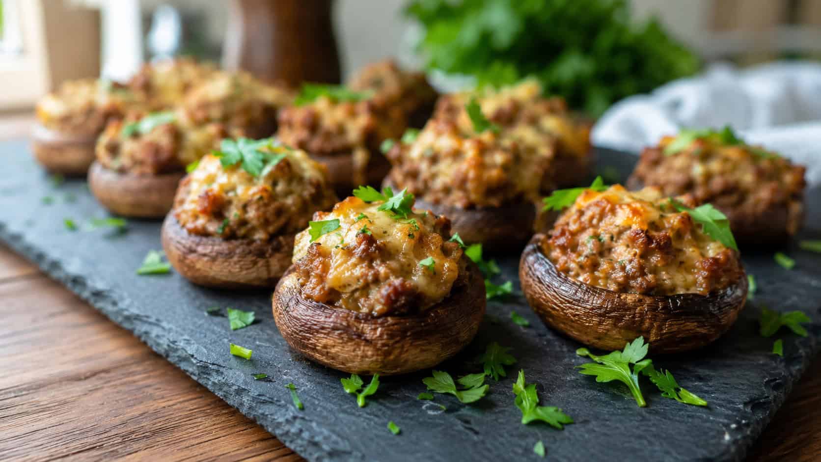 golden ground beef stuffed mushrooms in a wide horizontal shot, arranged on a slate serving board with fresh parsley, natural light, shallow depth of field, landscape orientation