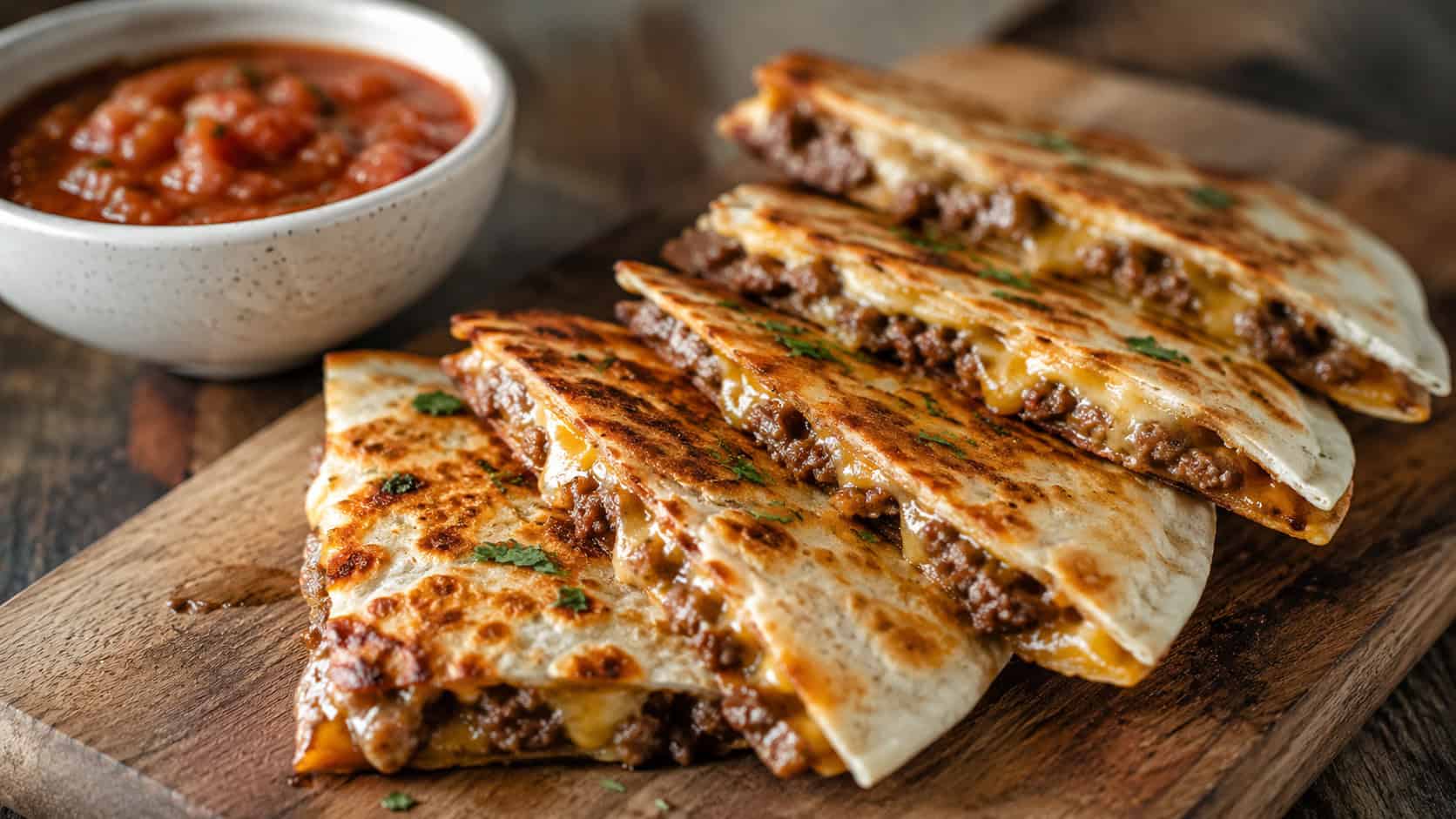 crispy beef and cheese quesadilla wedges in a wide horizontal shot, fanned on a wooden board with a bowl of red salsa, natural light, shallow depth of field, landscape orientation