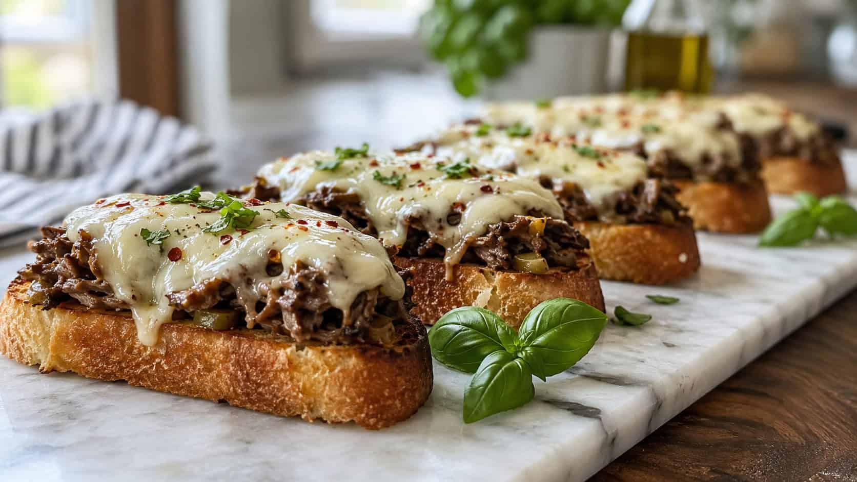 Italian beef crostini topped with melted provolone in a wide horizontal shot, lined up on a long marble board with fresh basil, natural light, shallow depth of field, landscape orientation