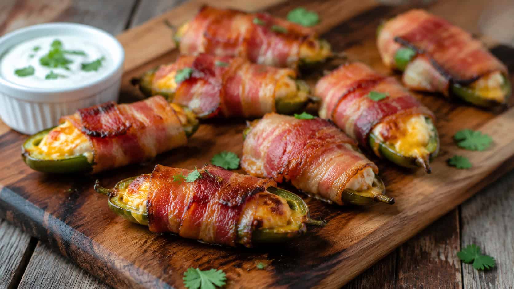 crispy bacon-wrapped jalapeño poppers arranged on a wooden serving board in a wide horizontal shot, cheese bubbling at the edges, scattered cilantro and a small ramekin of ranch, rustic table surface, natural light, shallow depth of field, landscape orientation