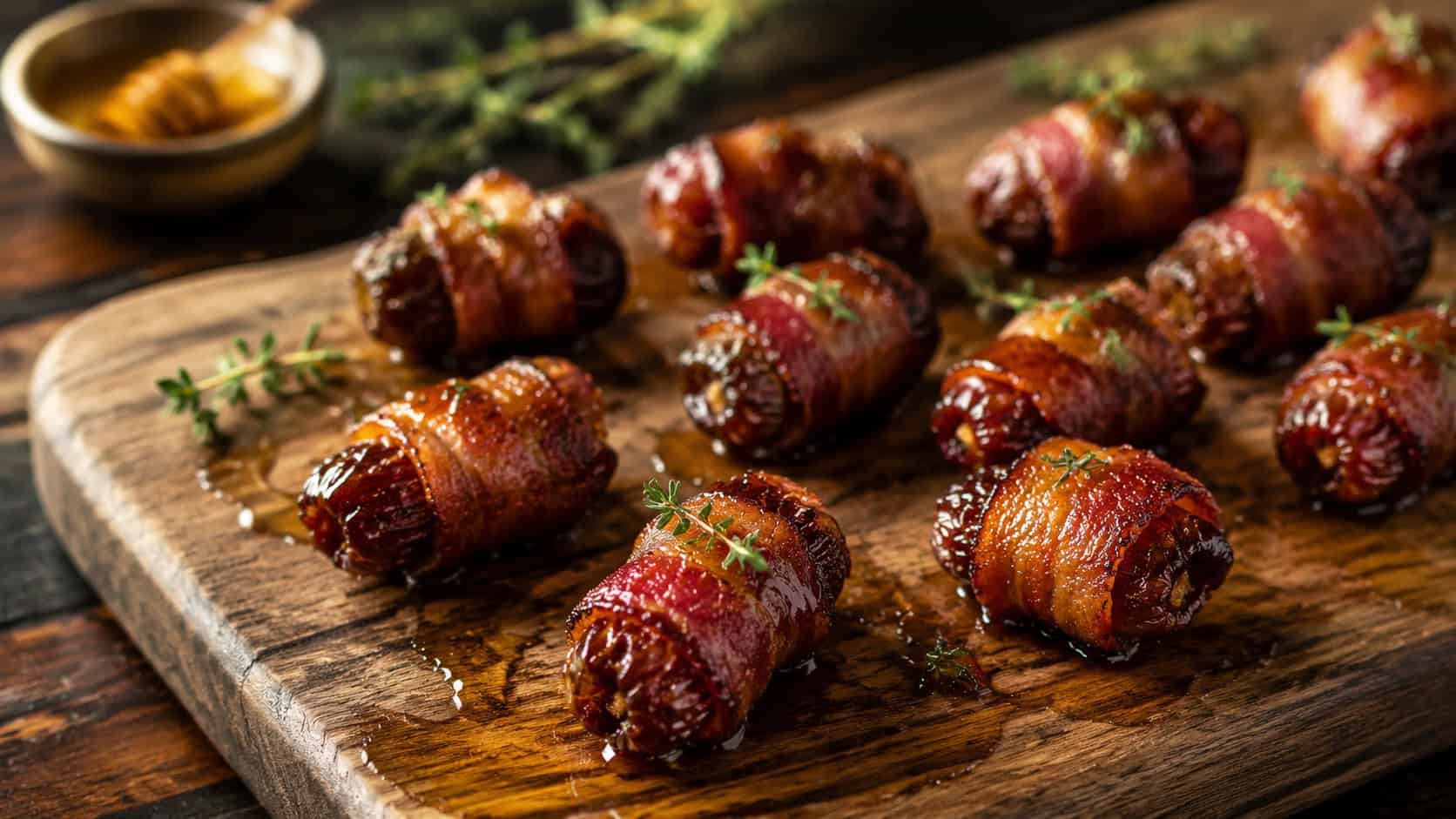 caramelized bacon-wrapped dates on a serving board in a wide horizontal shot, crisp glossy bacon and a drizzle of honey, scattered thyme sprigs, dark rustic wood surface, warm natural light, shallow depth of field, landscape orientation