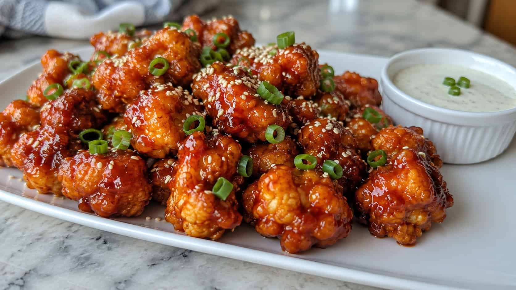 glossy honey sriracha cauliflower wings piled on a white platter in a wide horizontal shot, sticky red-gold glaze, sprinkled sesame seeds and green onion, a ramekin of ranch nearby, marble surface, natural light, shallow depth of field, landscape orientation