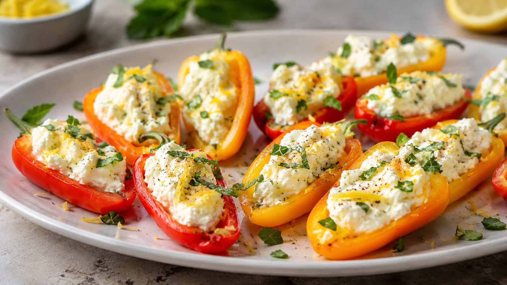 colorful mini sweet peppers filled with creamy whipped feta on a serving platter in a wide horizontal shot, flecks of fresh mint and lemon zest, vibrant red and yellow peppers, light stone surface, natural light, shallow depth of field, landscape orientation