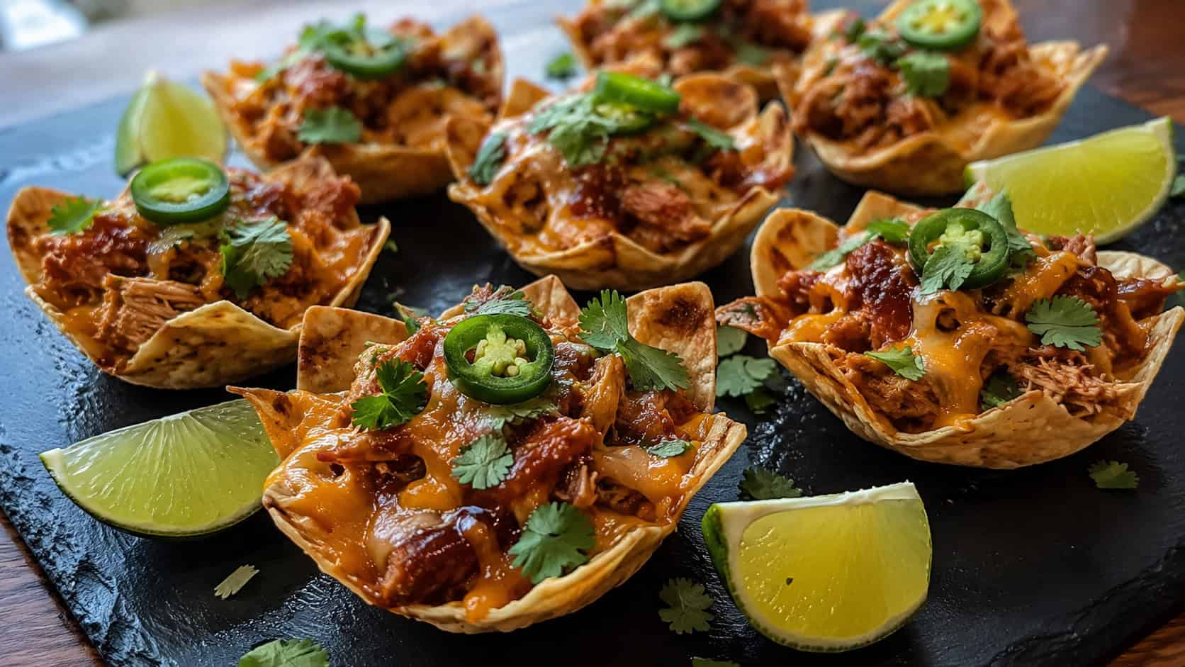 a tray of loaded pulled pork nacho cups in a wide horizontal shot, melted cheese, saucy pork, jalapeño slices and fresh cilantro, bright lime wedges scattered around, dark slate board, warm natural light, shallow depth of field, landscape orientation