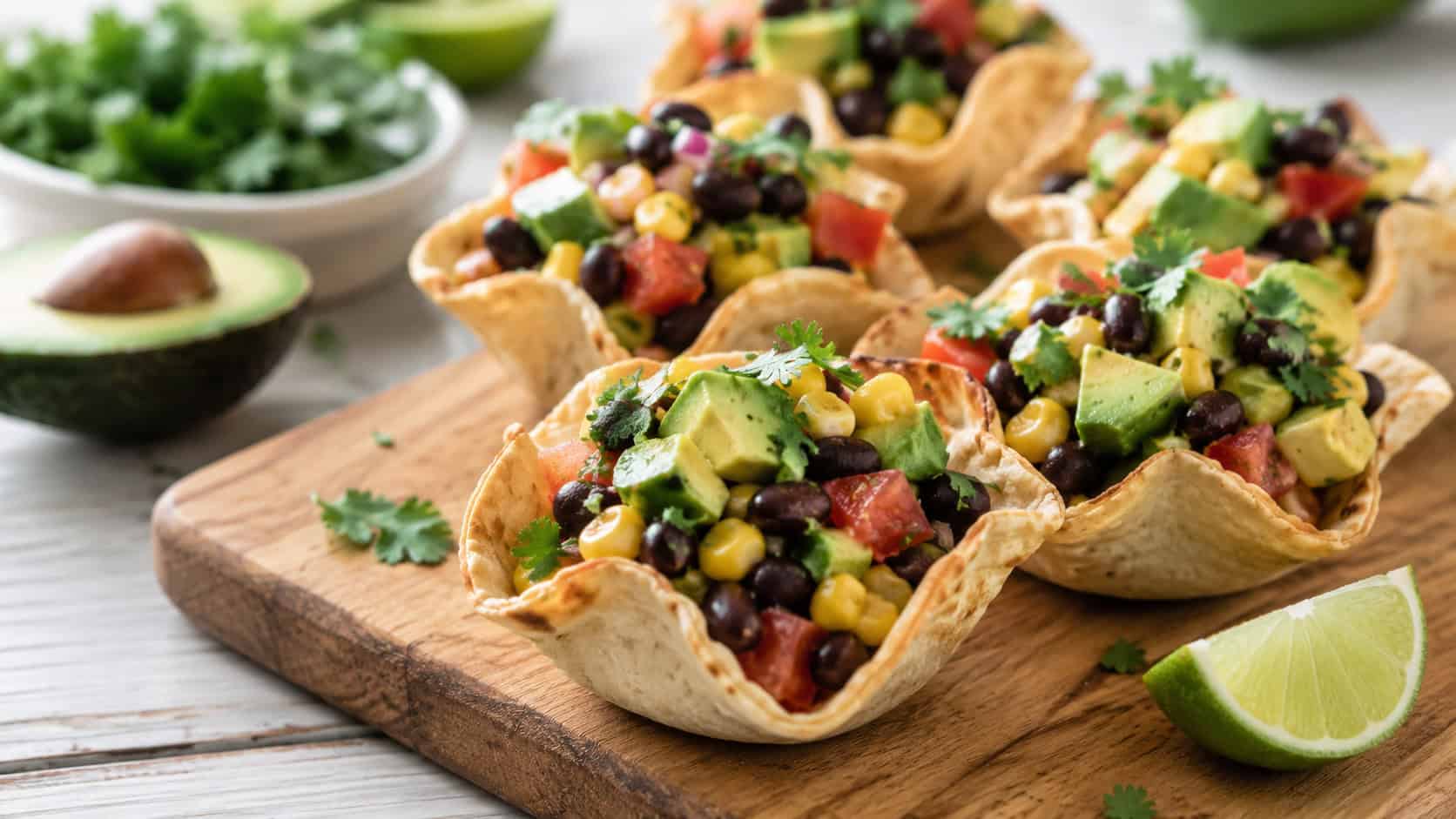 crisp tortilla cups filled with chunky avocado and black bean salsa in a wide horizontal shot, bright corn, tomato and lime, fresh green avocado, sprinkled cilantro, light wooden table, natural light, shallow depth of field, landscape orientation