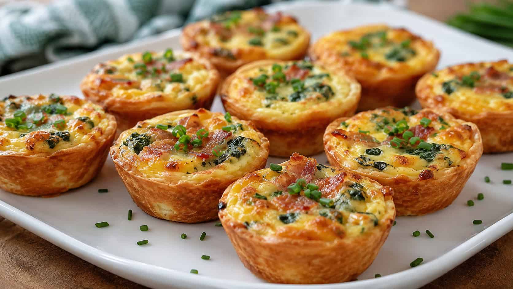 golden mini quiches arranged on a white platter in a wide horizontal shot, flaky crusts and fluffy egg centers flecked with spinach and bacon, garnished with chives, soft natural light, shallow depth of field, landscape orientation