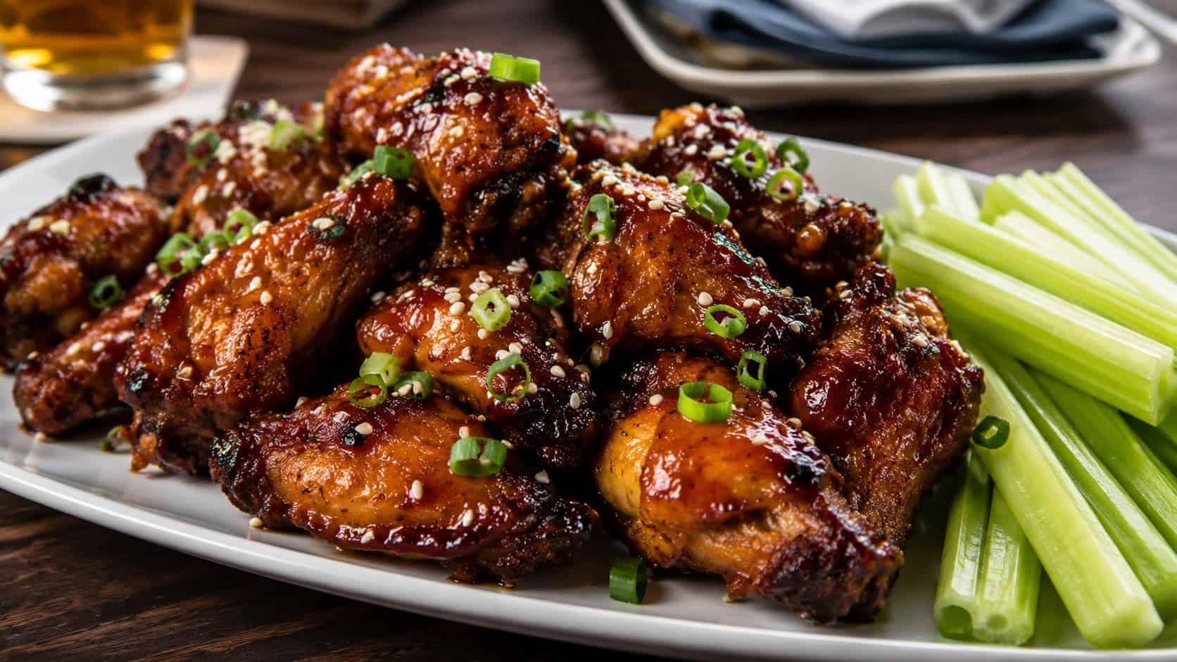 a platter of sticky saucy chicken drumettes in a wide horizontal shot, glossy barbecue glaze and charred edges, sprinkled sesame and green onion, celery sticks alongside, dark wood table, warm natural light, shallow depth of field, landscape orientation