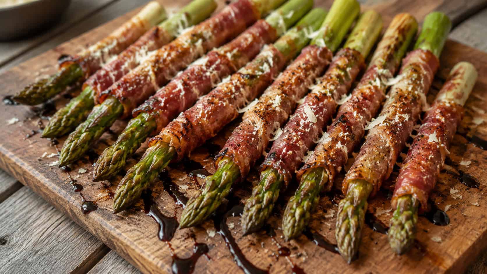 prosciutto-wrapped asparagus spears lined up on a serving board in a wide horizontal shot, crisp golden prosciutto, parmesan and a balsamic drizzle, scattered black pepper, rustic wood surface, natural light, shallow depth of field, landscape orientation