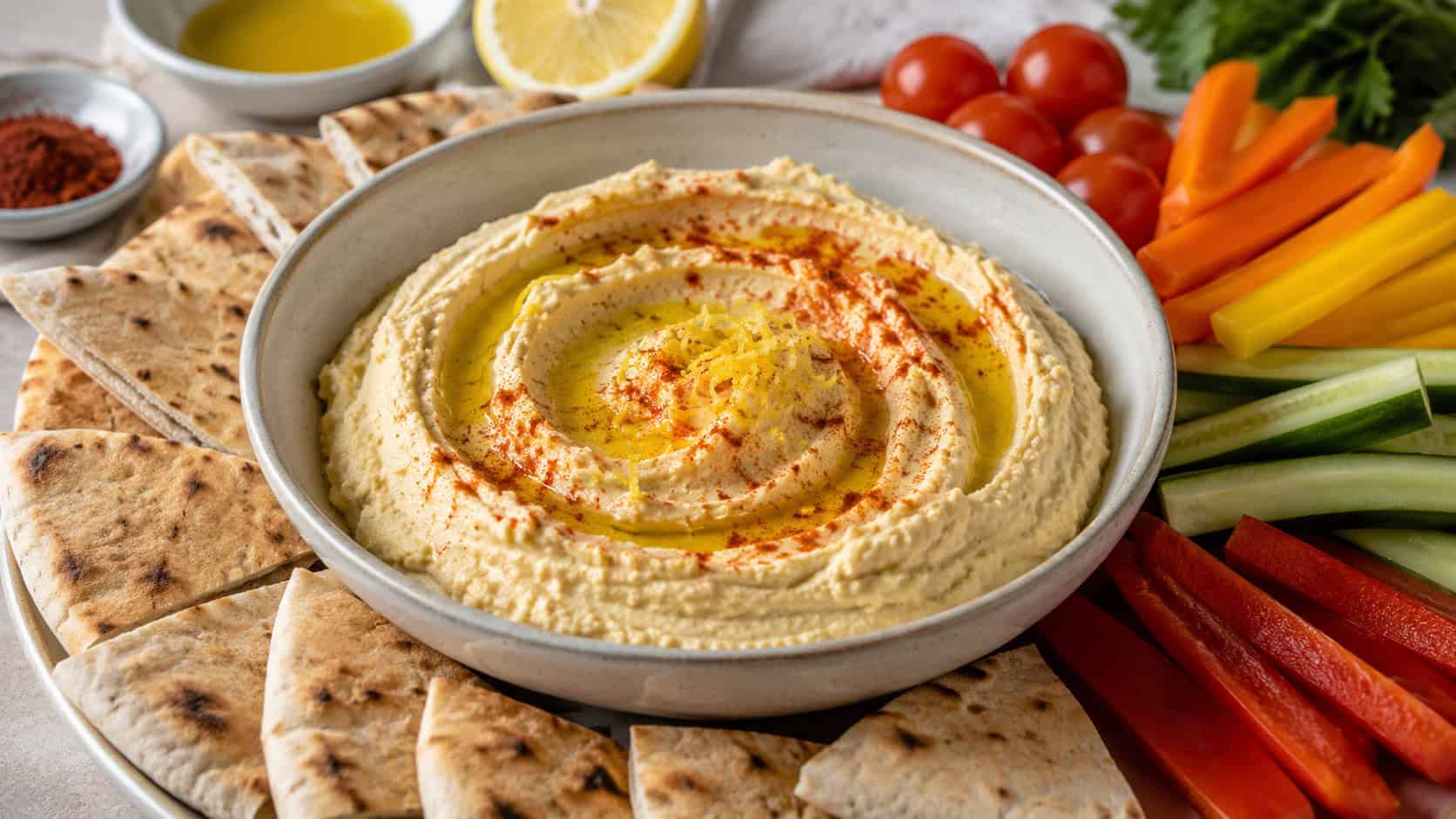 a shallow bowl of smooth lemon hummus in a wide horizontal shot, swirled surface with olive oil and paprika, surrounded by warm pita wedges and colorful veggie sticks, light stone surface, natural light, shallow depth of field, landscape orientation