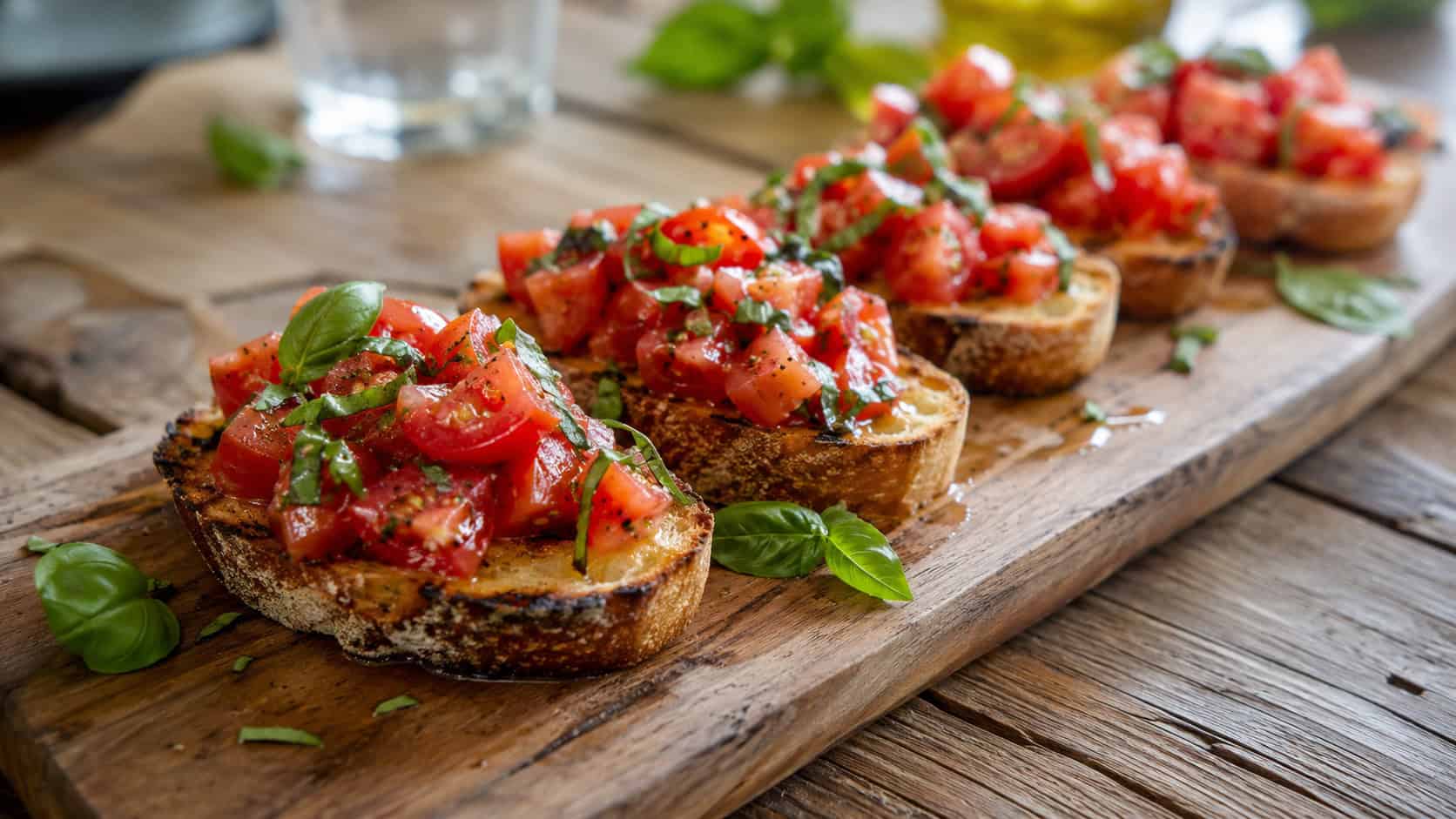 tomato basil bruschetta arranged on a long wooden board in a wide horizontal shot, crisp toasts piled with bright red marinated tomatoes and fresh green basil, glossy olive oil drizzle, rustic table, natural light, shallow depth of field, landscape orientation