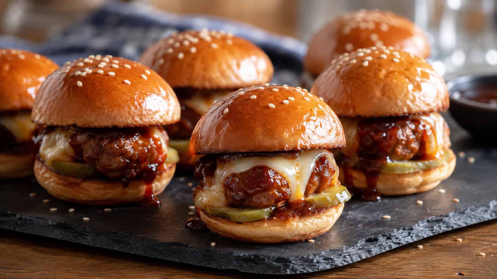 a tray of glossy BBQ meatball sliders on soft toasted buns in a wide horizontal shot, melted cheese and pickle peeking out, scattered sesame and a side of sauce, dark slate board, warm natural light, shallow depth of field, landscape orientation