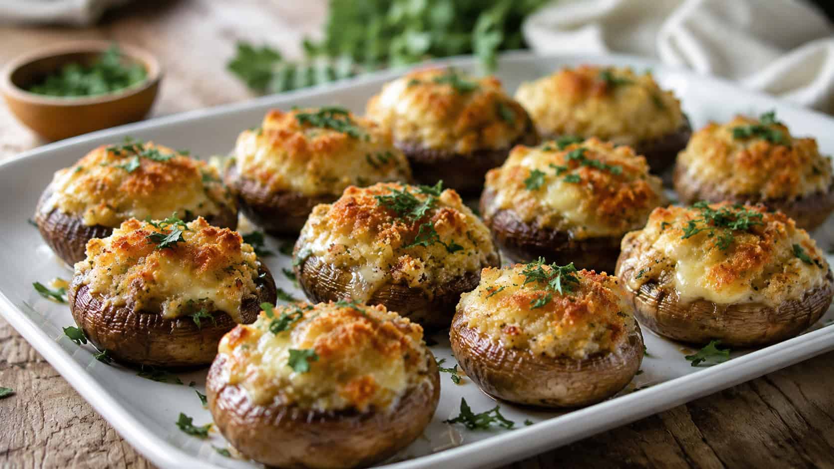 golden stuffed mushroom caps on a white serving platter in a wide horizontal shot, herb-flecked breadcrumb tops and melty centers, sprinkled fresh parsley, rustic wooden table, soft natural light, shallow depth of field, landscape orientation
