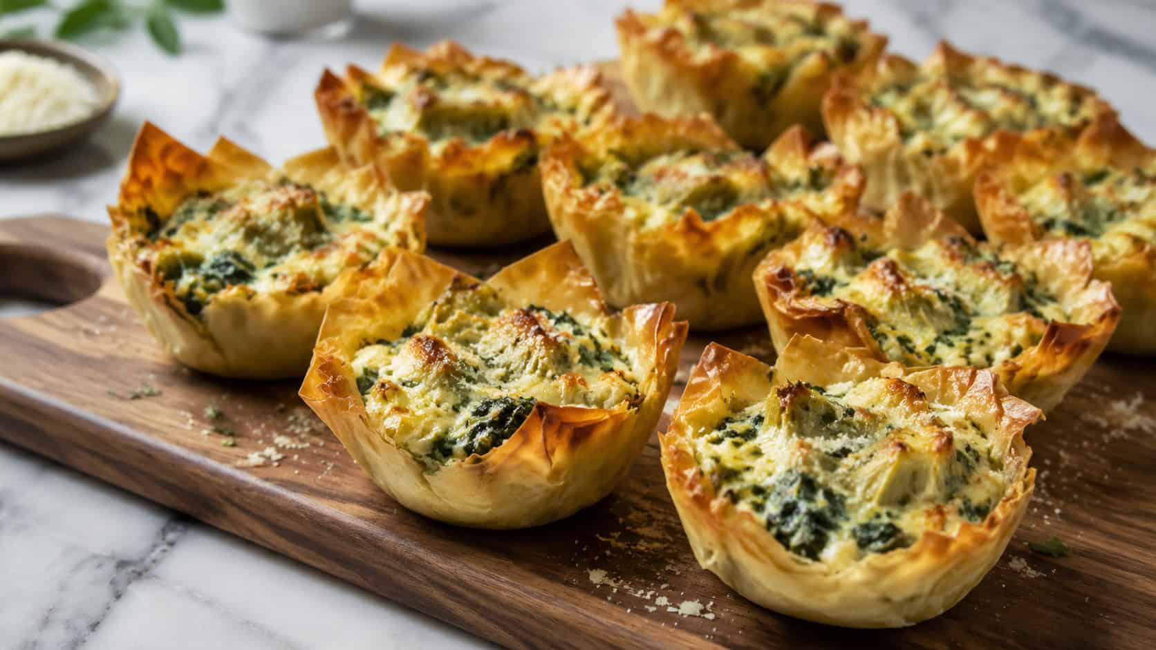 crispy phyllo cups filled with bubbling cheesy spinach artichoke dip on a serving board in a wide horizontal shot, golden tops and visible spinach flecks, light garnish of parmesan, marble surface, natural light, shallow depth of field, landscape orientation