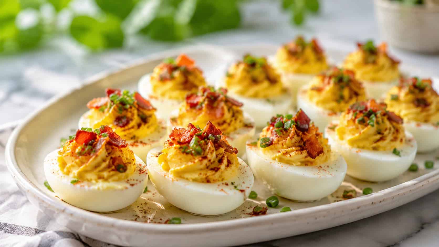 a platter of deviled eggs topped with crispy bacon and chives in a wide horizontal shot, creamy piped filling and a dusting of paprika, arranged neatly on a ceramic dish, bright natural light, shallow depth of field, landscape orientation