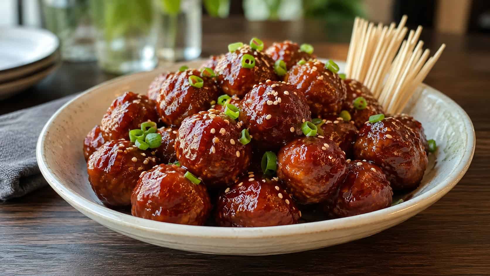 glossy sweet and spicy glazed meatballs piled in a shallow bowl in a wide horizontal shot, sticky red glaze catching the light, sprinkled sesame seeds and green onion, toothpicks alongside, dark wood table, natural light, shallow depth of field, landscape orientation