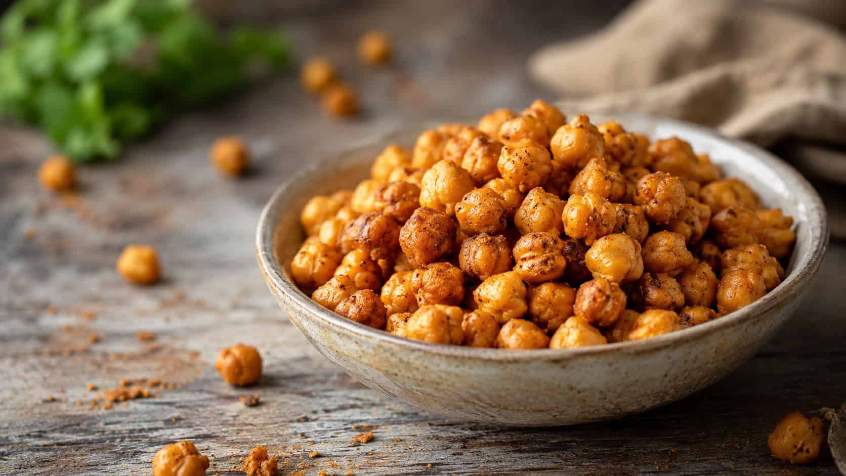 roasted chickpea poppers in a wide horizontal shot, golden crispy spiced chickpeas piled in a small bowl on a rustic surface, warm natural light, shallow depth of field, landscape orientation