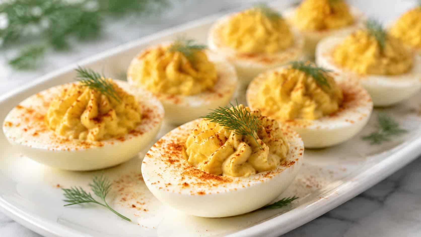 deviled eggs with dill in a wide horizontal shot, halved eggs with creamy piped yellow filling, dusted with paprika and topped with dill, on a white platter, bright natural light, shallow depth of field, landscape orientation