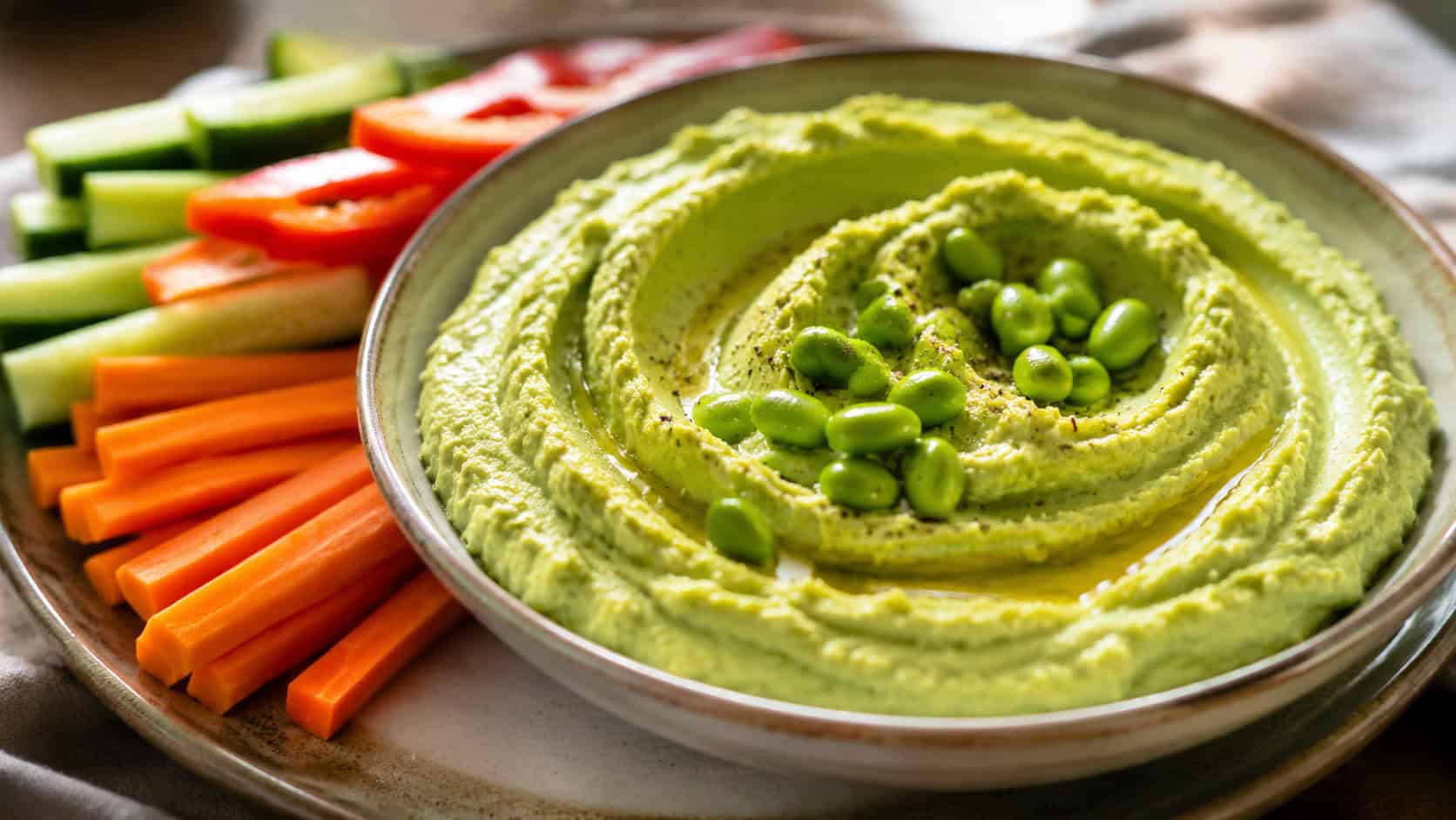 edamame hummus in a wide horizontal shot, a vibrant green dip swirled in a bowl drizzled with oil and topped with whole edamame, beside vegetable sticks, bright natural light, shallow depth of field, landscape orientation