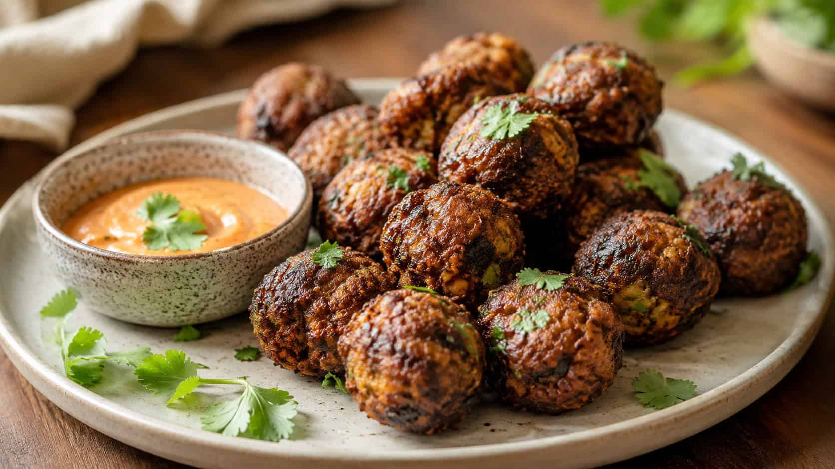 spicy black bean balls in a wide horizontal shot, golden-crusted dark bean bites on a plate with a dipping sauce and cilantro, warm natural light, shallow depth of field, landscape orientation