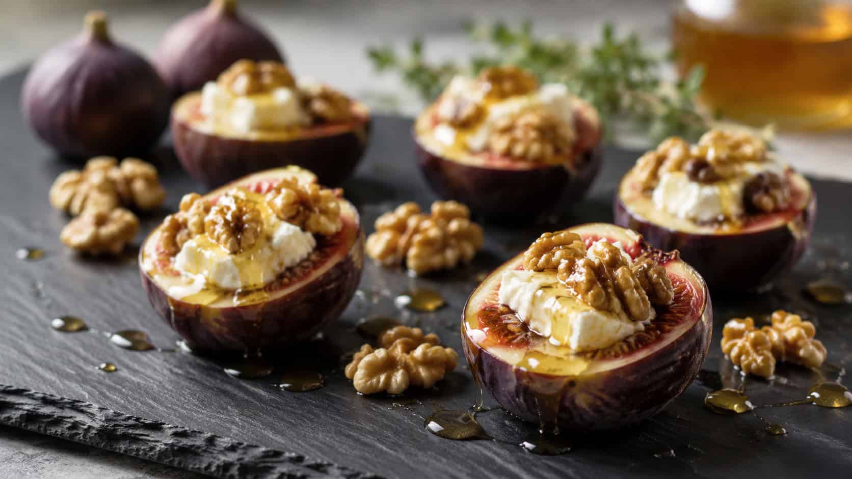 goat cheese stuffed figs in a wide horizontal shot, halved figs with creamy centers drizzled with honey and walnuts on a slate board, natural light, shallow depth of field, landscape orientation