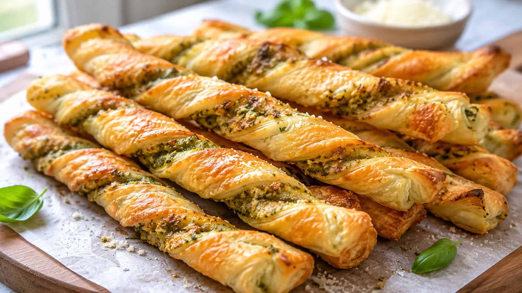 golden pesto Parmesan puff pastry twists in a wide horizontal shot, flaky spirals on a parchment-lined board, natural light, shallow depth of field, landscape orientation