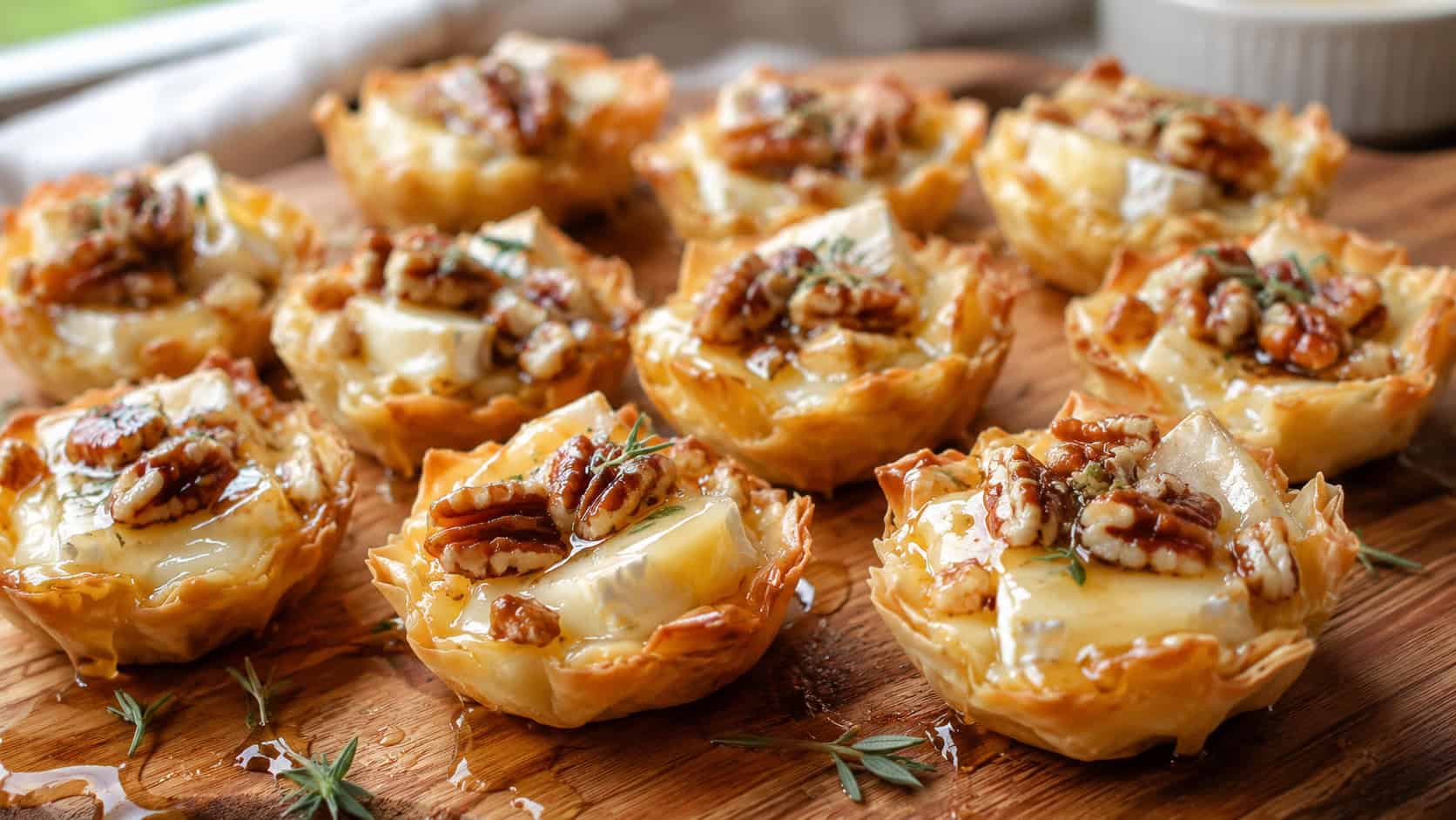 maple pecan brie bites in a wide horizontal shot, golden pastry cups with melted brie, maple drizzle, and pecans on a wooden board, natural light, shallow depth of field, landscape orientation