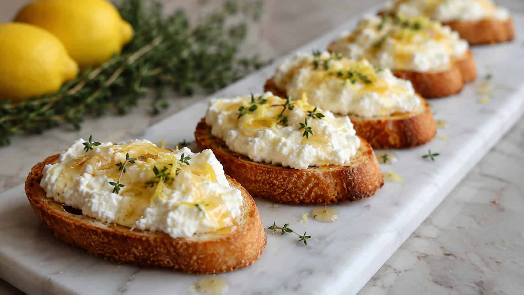 lemon ricotta crostini in a wide horizontal shot, toasts topped with creamy ricotta, honey drizzle, and thyme on a long marble board, natural light, shallow depth of field, landscape orientation
