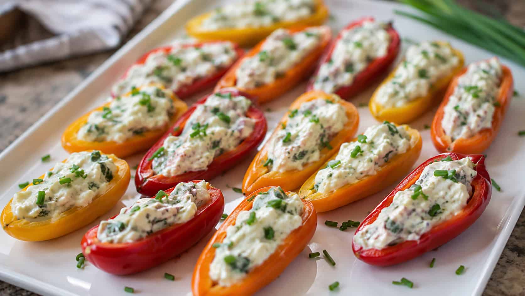 stuffed mini sweet peppers in a wide horizontal shot, colorful halves filled with creamy herb mixture and chives on a white tray, natural light, shallow depth of field, landscape orientation