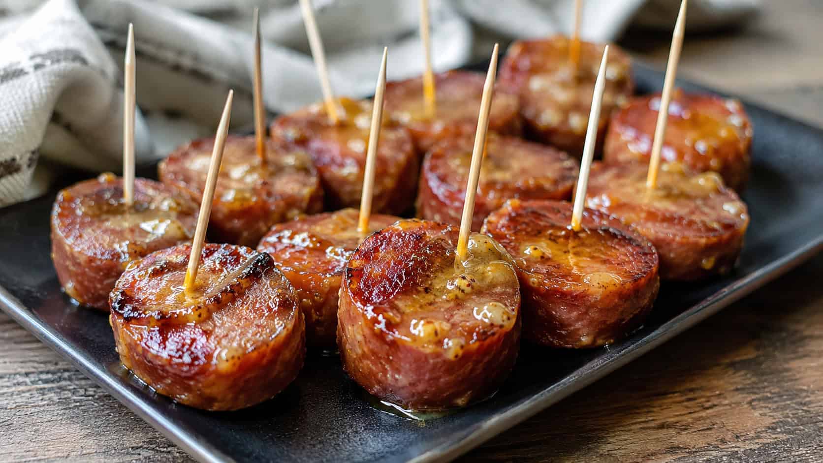 glossy honey mustard sausage bites in a wide horizontal shot, glazed rounds with toothpicks on a dark platter, natural light, shallow depth of field, landscape orientation