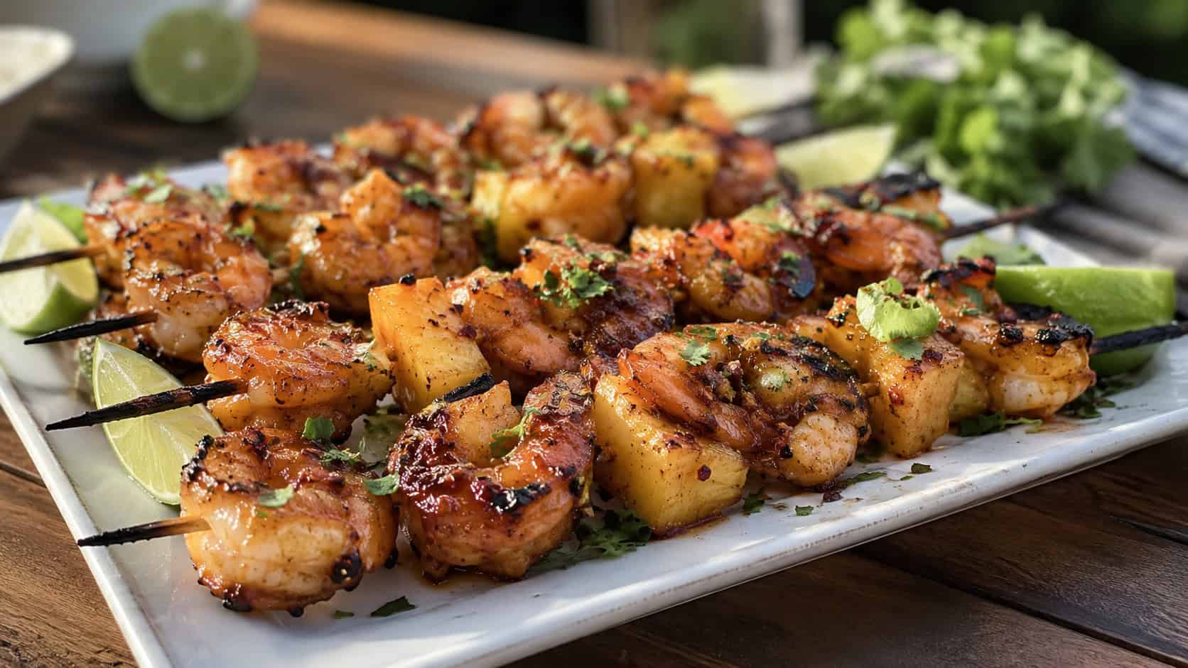 spicy pineapple shrimp kabobs in a wide horizontal shot, charred and glazed on a platter with lime wedges, natural light, shallow depth of field, landscape orientation