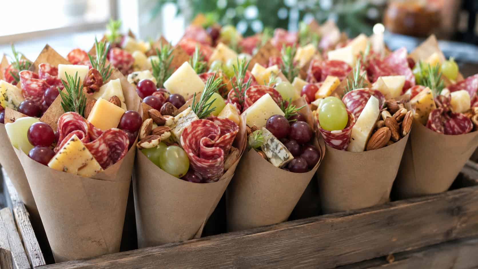 cheese and charcuterie cones in a wide horizontal shot, paper cones filled with rolled salami, cheese, grapes, and nuts standing upright, natural light, shallow depth of field, landscape orientation