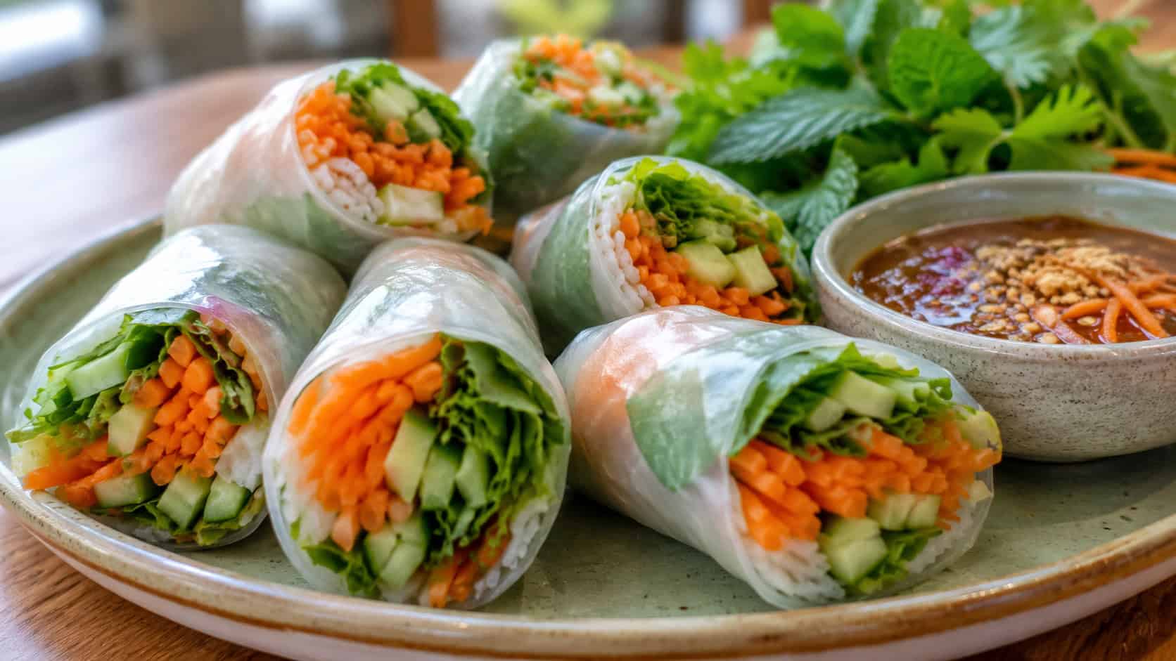 fresh spring rolls in a wide horizontal shot, translucent rice paper rolls showing colorful carrots, cucumber, and herbs, halved and arranged with a dipping bowl, bright natural light, shallow depth of field, landscape orientation