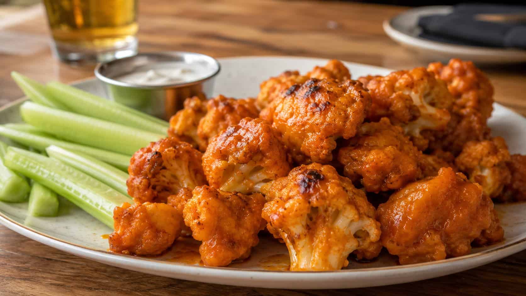buffalo cauliflower wings in a wide horizontal shot, crispy orange-glazed cauliflower florets piled on a plate with celery sticks, warm natural light, shallow depth of field, landscape orientation