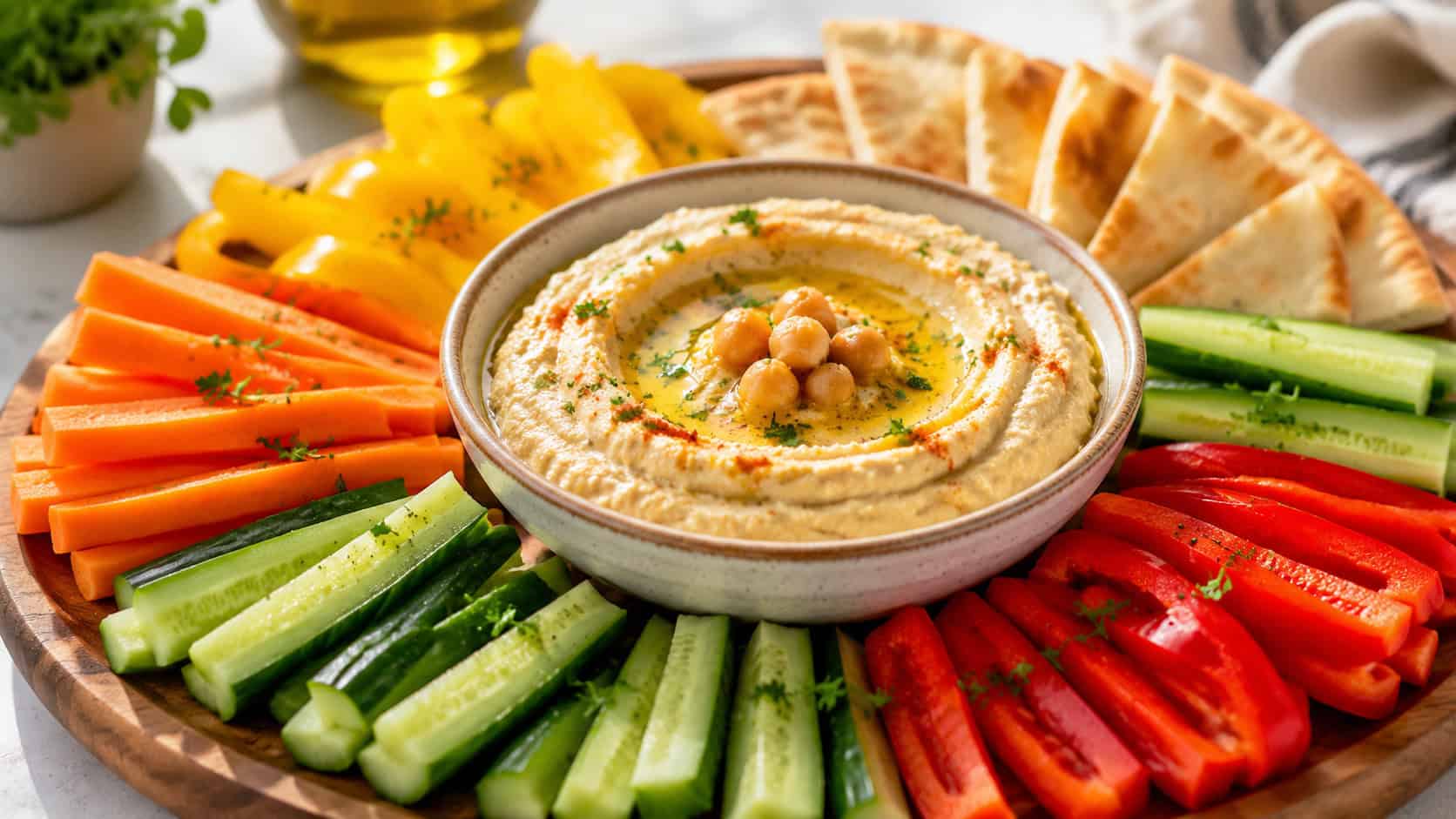 a hummus and vegetable platter in a wide horizontal shot, a bowl of creamy hummus drizzled with oil surrounded by colorful carrot, cucumber, and pepper sticks, on a wooden board, bright natural light, shallow depth of field, landscape orientation