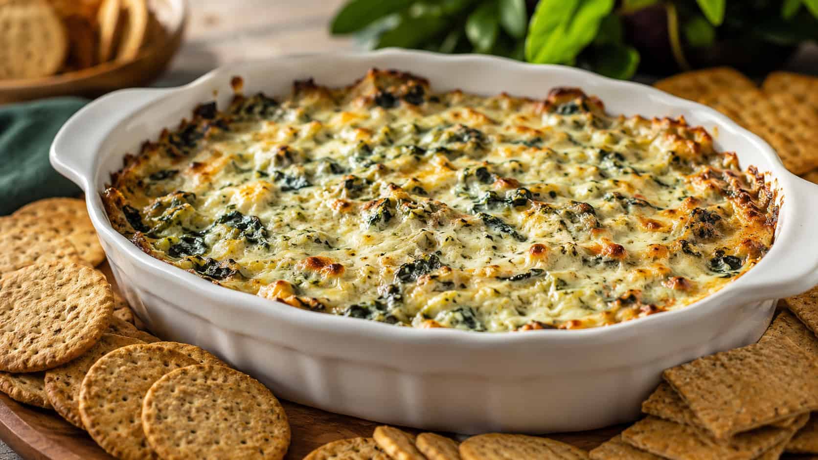 vegan spinach and artichoke dip in a wide horizontal shot, a bubbling golden dip in a baking dish flecked with green spinach, surrounded by crackers, warm natural light, shallow depth of field, landscape orientation