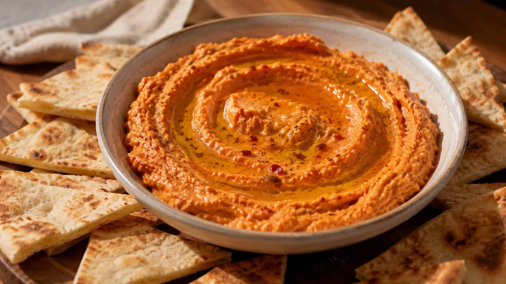 roasted red pepper hummus in a wide horizontal shot, a rosy-orange swirled dip in a bowl drizzled with olive oil, surrounded by pita wedges, warm natural light, shallow depth of field, landscape orientation