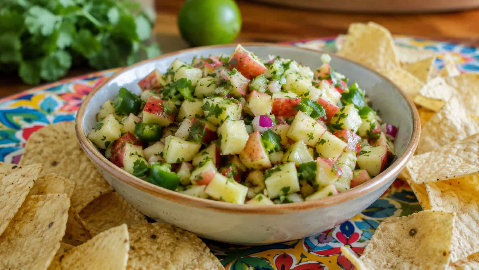 a bowl of fresh chopped apple salsa with jalapeno and cilantro in a wide horizontal shot, surrounded by tortilla chips on a colorful table, natural light, shallow depth of field, landscape orientation