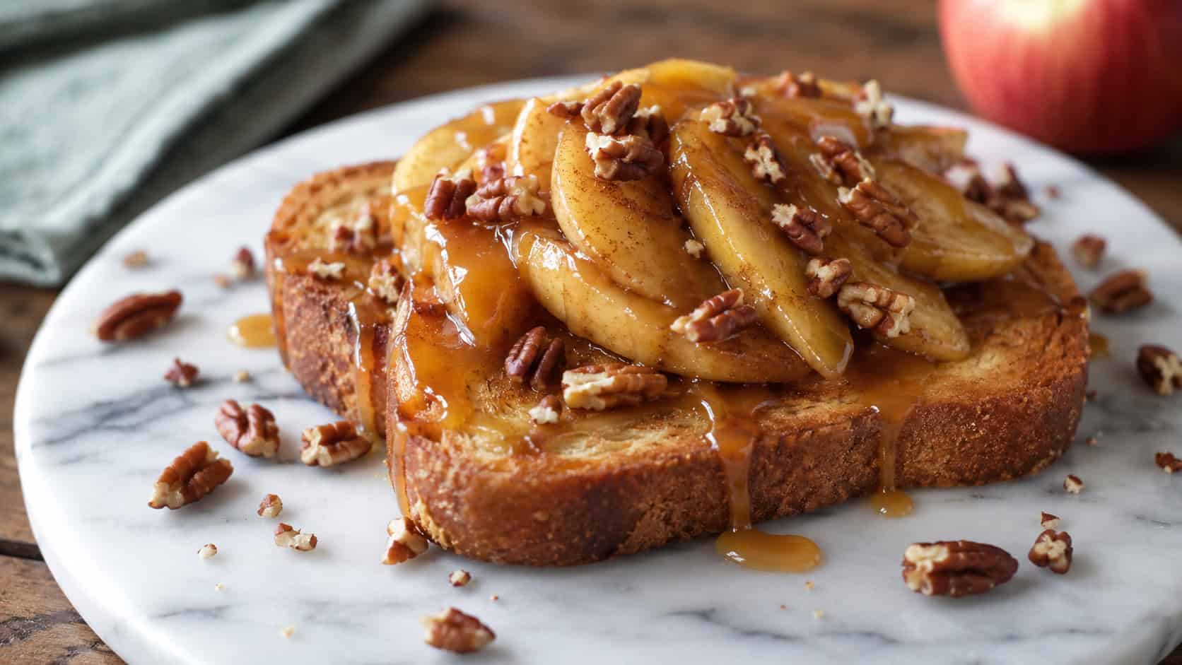 toasted bread topped with glossy cinnamon apples and caramel drizzle in a wide horizontal shot, scattered with pecans on a marble board, natural light, shallow depth of field, landscape orientation