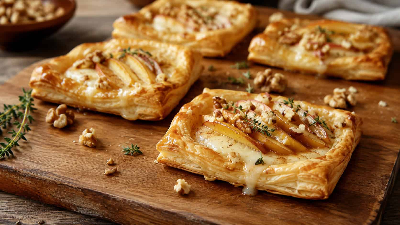 golden puff pastry tartlets filled with melted brie and spiced apple in a wide horizontal shot, arranged on a wooden board with scattered walnuts, natural light, shallow depth of field, landscape orientation