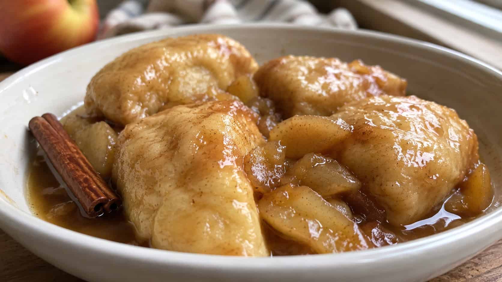 soft golden apple cider dumplings in a wide horizontal shot, nestled in a shallow dish with glossy cider sauce and a cinnamon stick, natural light, shallow depth of field, landscape orientation