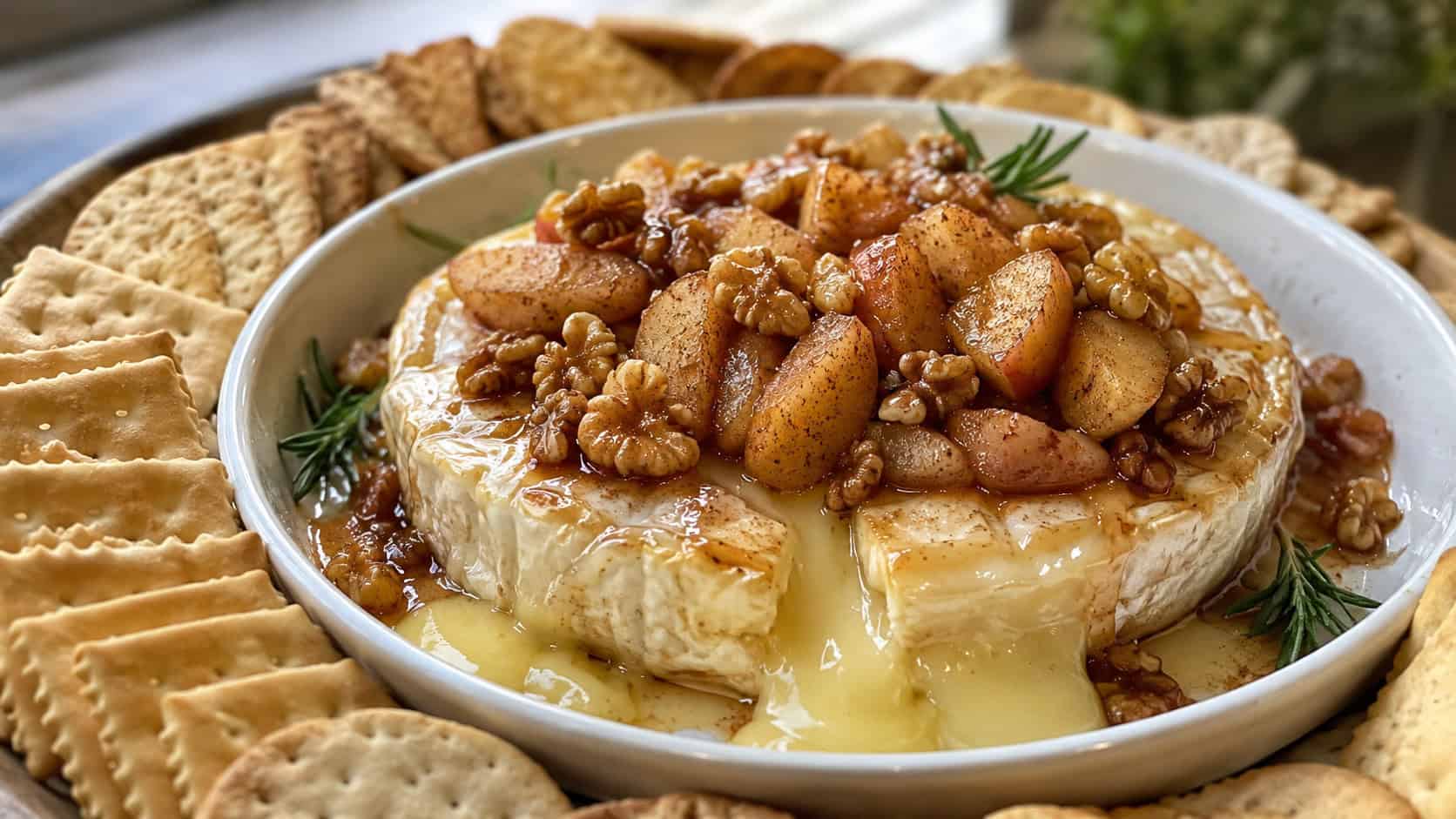 a molten baked brie wheel topped with cinnamon apples and walnuts in a wide horizontal shot, in a baking dish surrounded by crackers, natural light, shallow depth of field, landscape orientation