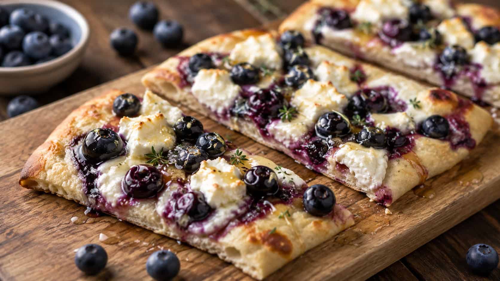 blueberry goat cheese flatbreads sliced on a wooden board in a wide horizontal shot, melted cheese, scattered blueberries, honey drizzle, warm natural light, shallow depth of field, landscape orientation